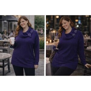 Style Co Purple Cowl Neck Knit Tunic Sweater M | Buckle Detail Cozy Chic Stretch